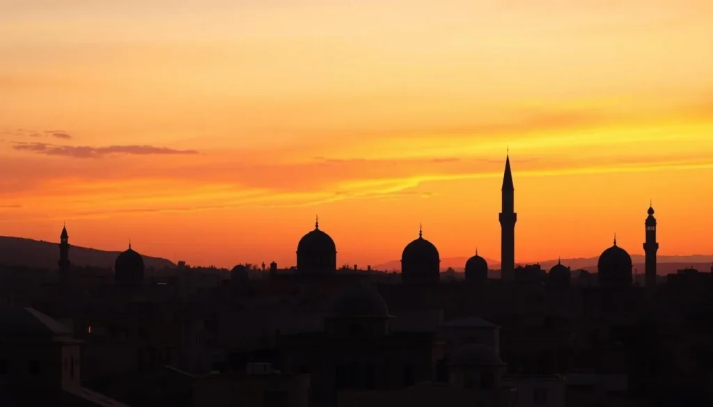 Sunset view over Madaba's skyline with church domes and minarets silhouetted against an orange sky Sunset view over Madaba's skyline with church domes and minarets silhouetted against an orange sky
