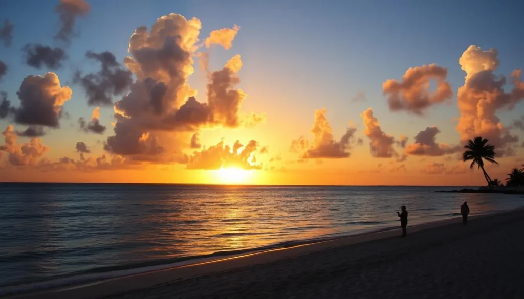Sunset view over Malmok Beach in Aruba with palm trees silhouetted against orange and purple sky