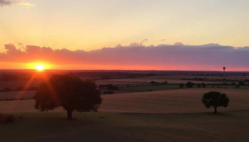 Sunset view over Midlothian countryside with rolling hills and Texas landscape