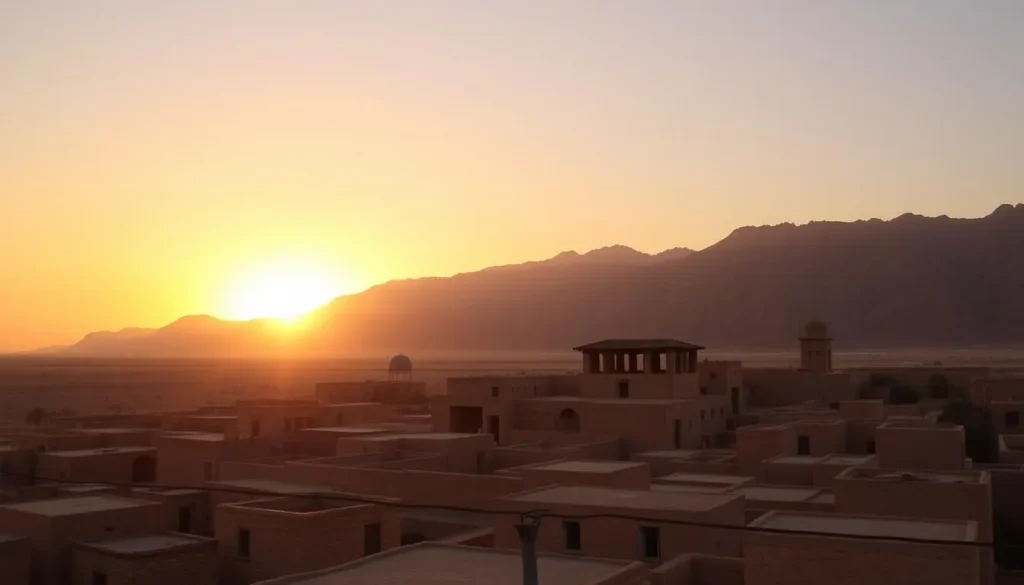 Sunset view over Misfah al Abriyyin with traditional buildings silhouetted against the mountains