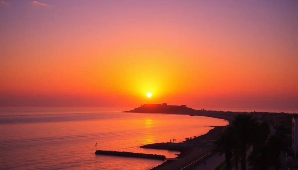 Sunset view over Monastir's coastline with the Ribat silhouette