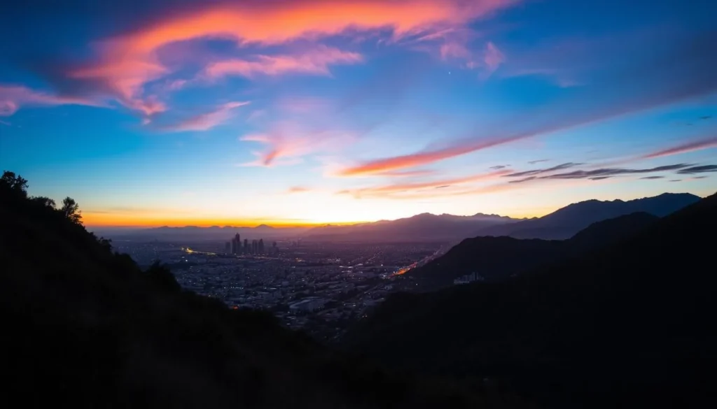 Sunset view over Monterrey from Chipinque Ecological Park with the city lights beginning to twinkle