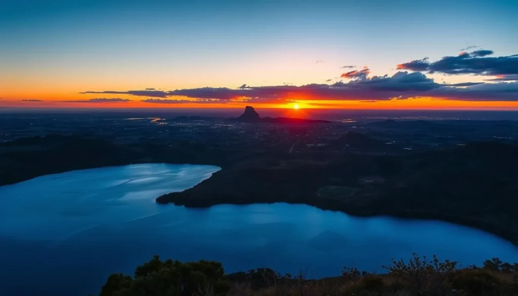Sunset view over Mount Gambier showing the city and Blue Lake