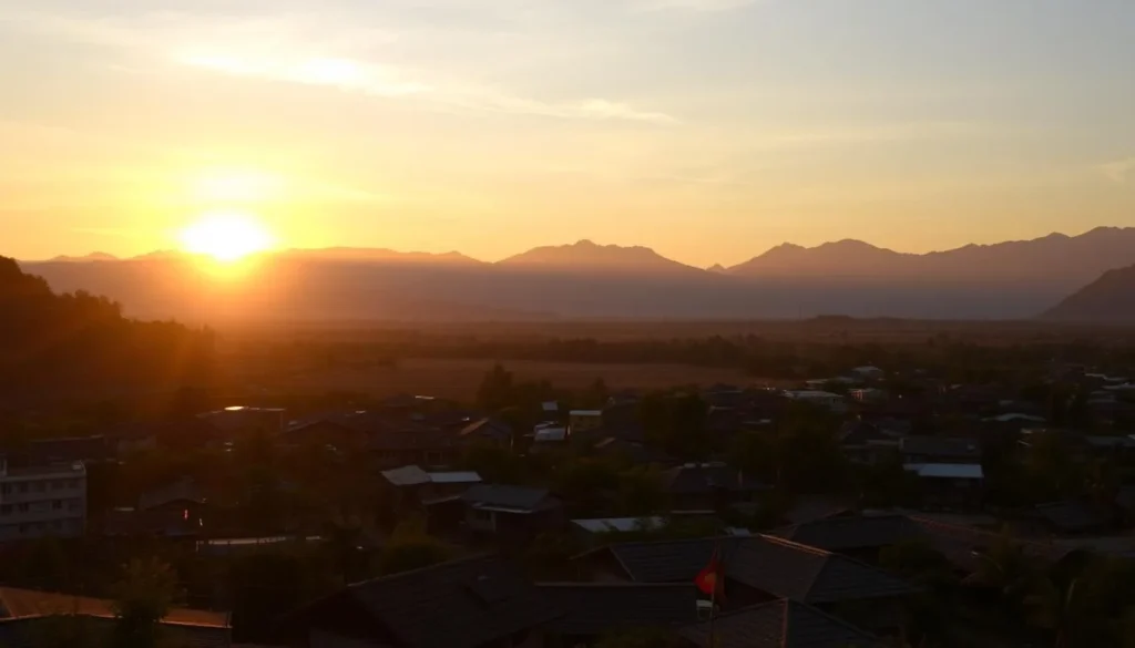 Sunset view over Muang Xay town with mountains in the background Sunset view over Muang Xay town with mountains in the background