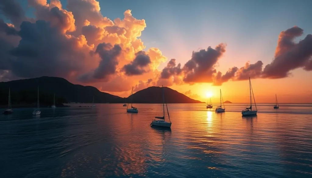 Sunset view over Norman Island with sailboats anchored in The Bight