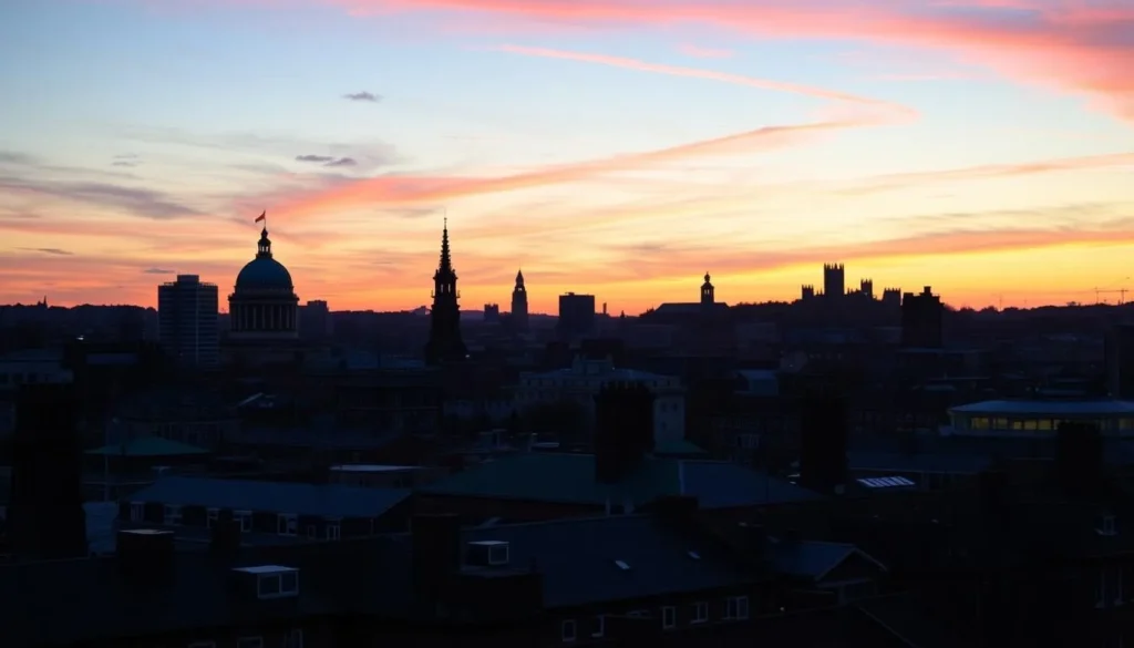 Sunset view over Nottingham city skyline with historic and modern buildings Sunset view over Nottingham city skyline with historic and modern buildings