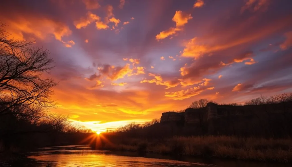 Sunset view over Onion Creek at McKinney Falls State Park with golden light reflecting on the water Sunset view over Onion Creek at McKinney Falls State Park with golden light reflecting on the water