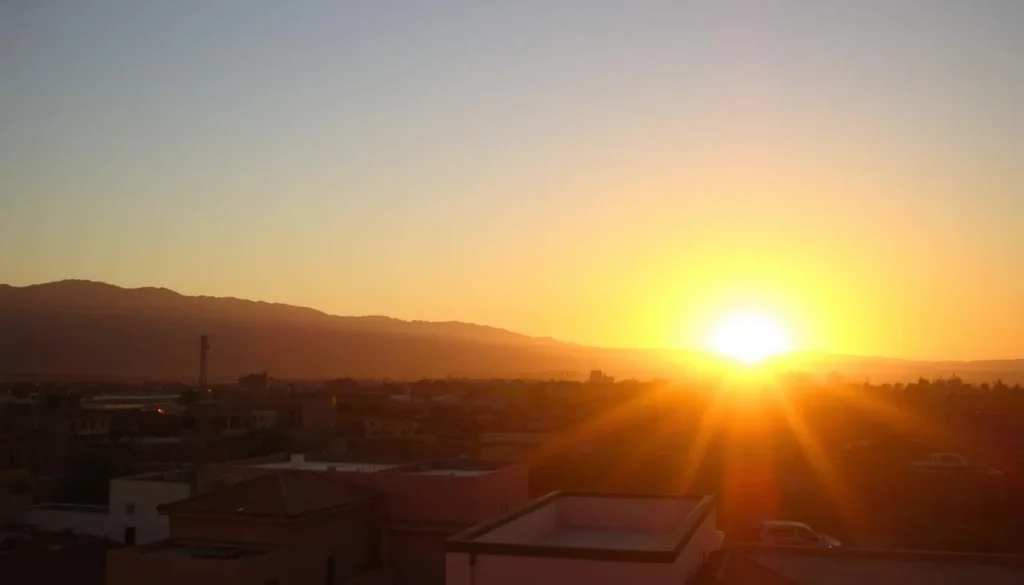 Sunset view over Oued Zem cityscape with mountains in background