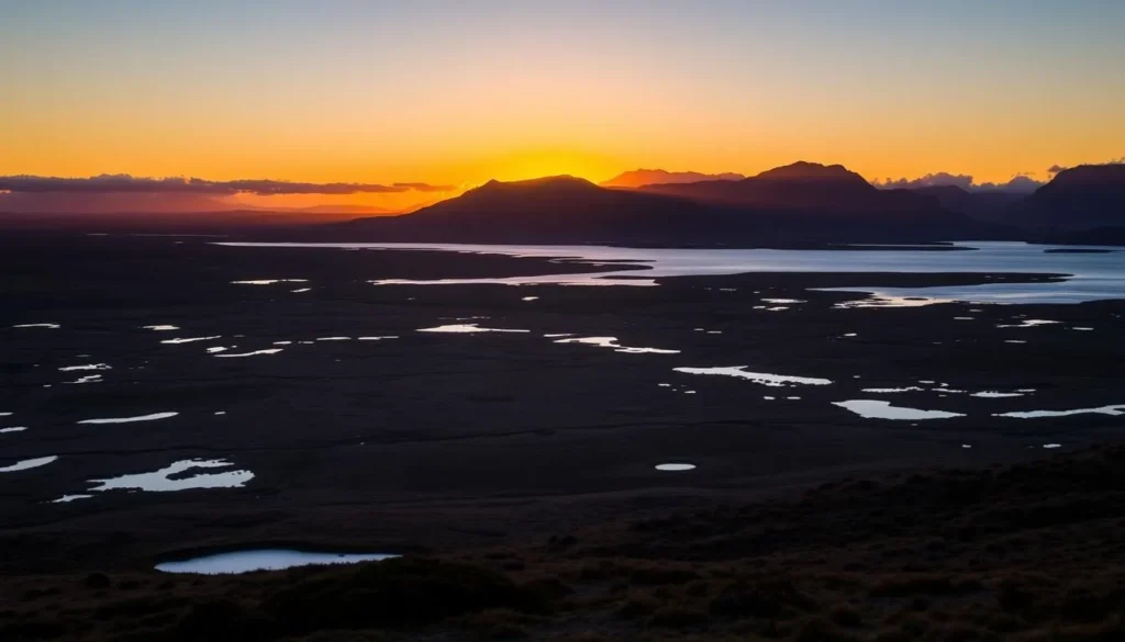 Sunset view over Pebble Island's landscape with mountains in the background