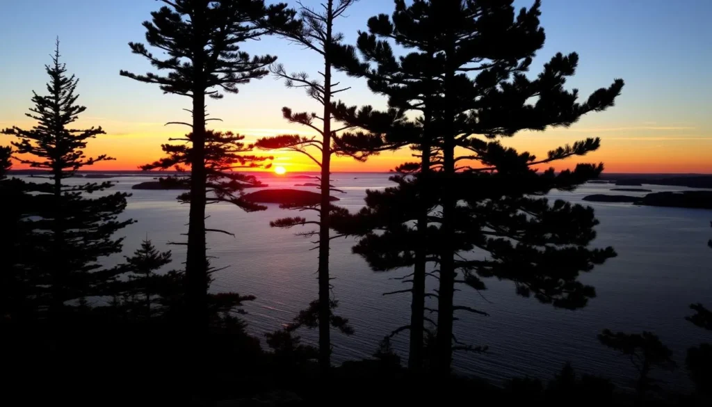 Sunset view over Penobscot Bay from Isle au Haut with silhouetted pine trees and rocky coastline
