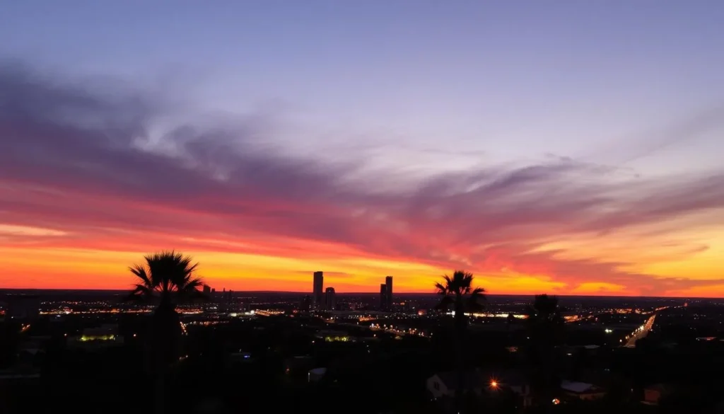 Sunset view over Pharr showing the city lights beginning to twinkle Sunset view over Pharr showing the city lights beginning to twinkle