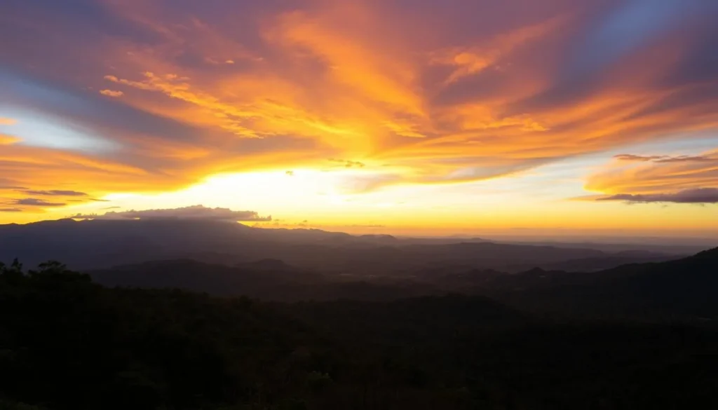 Sunset view over Pico Bonito National Park from a viewpoint showing mountains and forest canopy