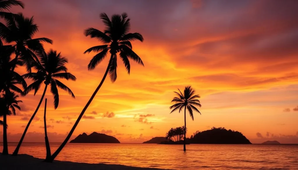 Sunset view over Rosario Islands Colombia with silhouettes of palm trees