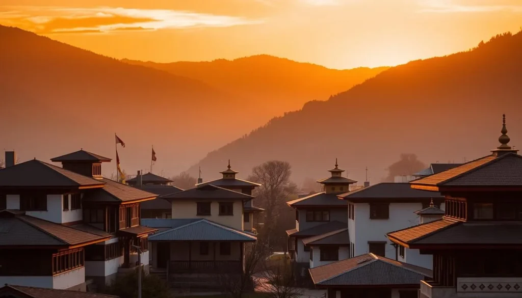 Sunset view over Samdrup Jongkhar town with traditional architecture and mountains in background