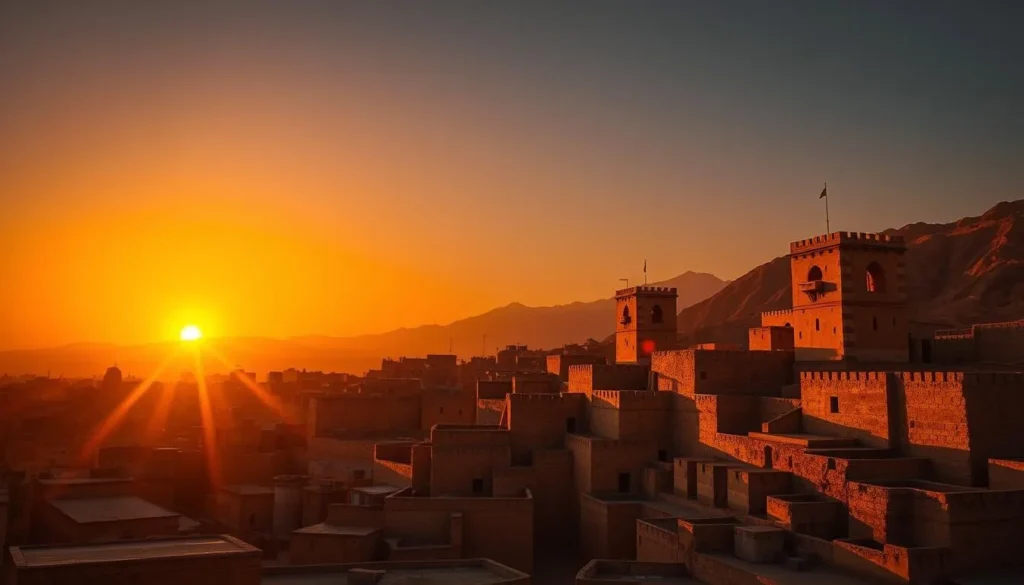Sunset view over Sana'a's Old City with golden light illuminating the ancient tower houses