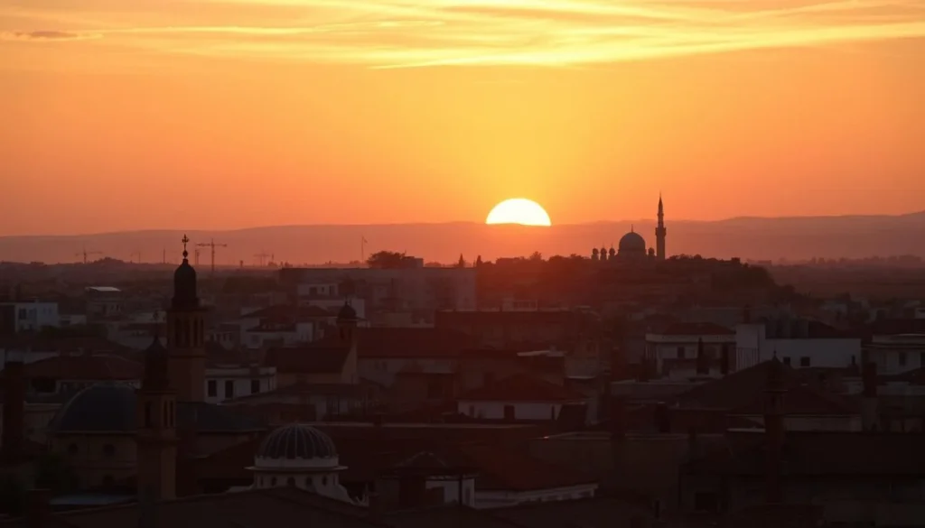 Sunset view over Settat's skyline with traditional minarets