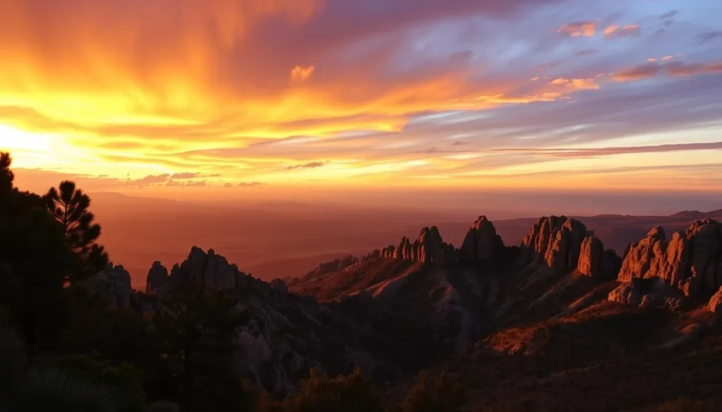 Sunset view over Sierra de Organos National Park with golden light on rock formations