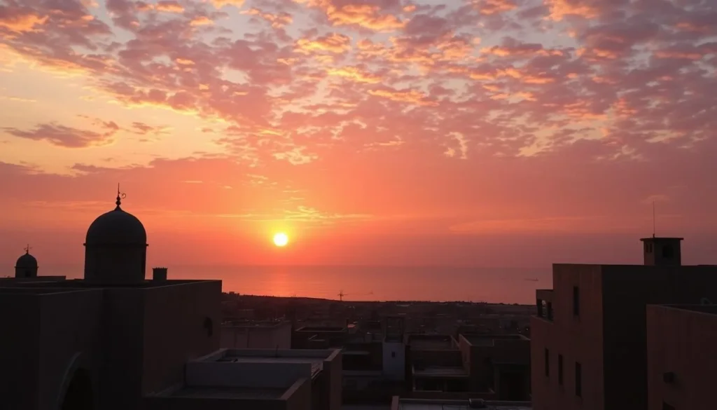 Sunset view over Sohar with traditional buildings and the sea in the background