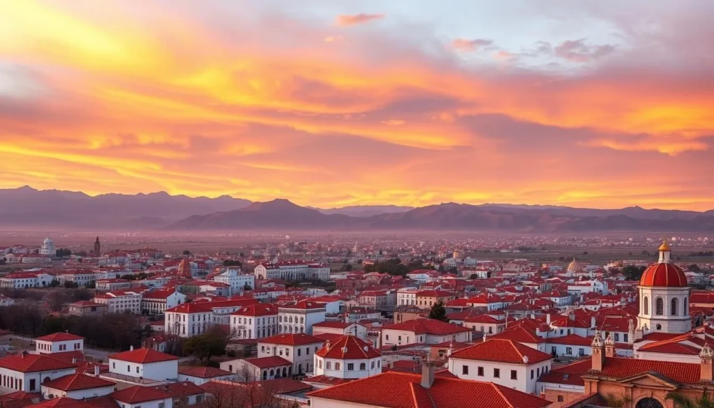 Sunset view over Sucre from La Recoleta viewpoint showing the city bathed in golden light