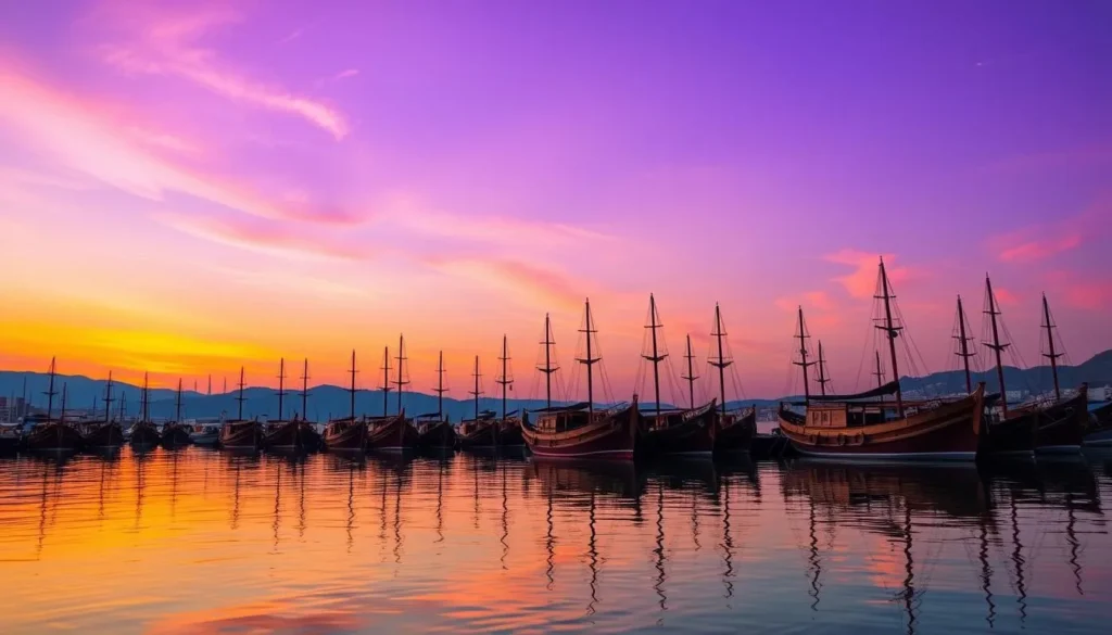 Sunset view over Sur's harbor with traditional dhow boats silhouetted against an orange sky - Sur Oman things to do