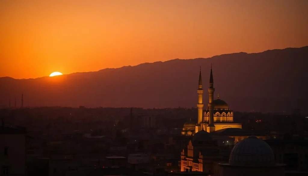 Sunset view over Taiz city with mountains in the background and historic architecture