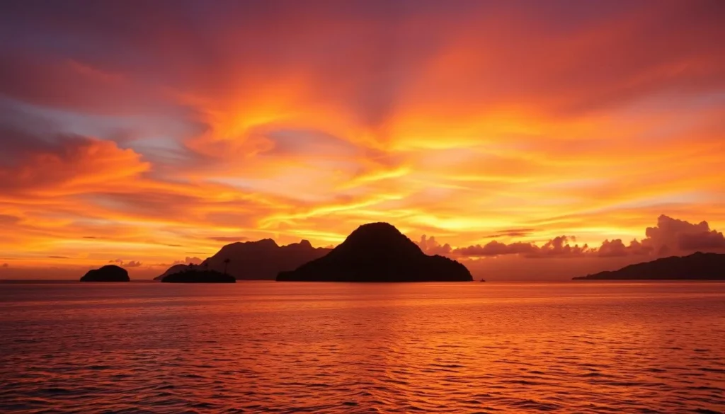 Sunset view over Taka Bonerate National Park with silhouettes of small islands and orange-purple sky