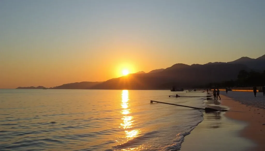 Sunset view over Talise Beach in Palu during dry season with clear skies