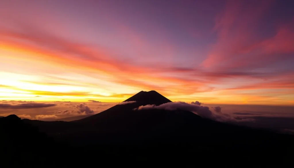 Sunset view over Taman Nasional Gunung Rinjani with silhouette of the volcano