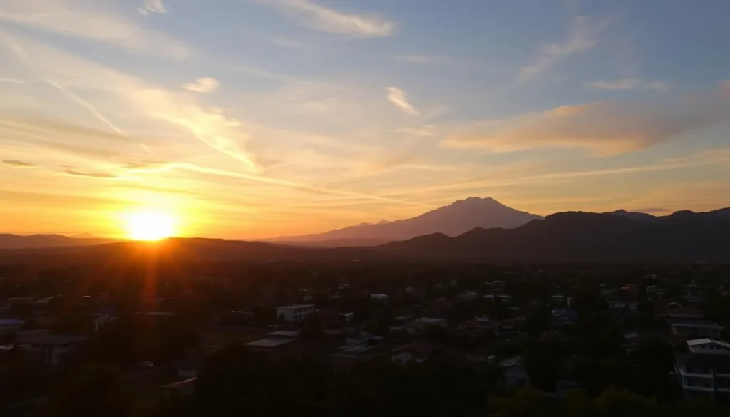 Sunset view over Tasikmalaya city with mountains in the background