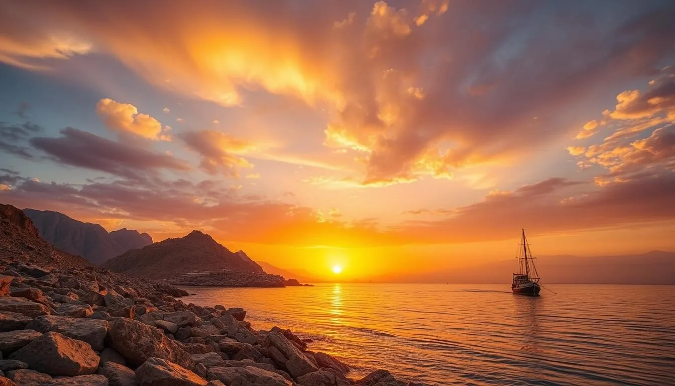 Sunset view over Telegraph Island and the Musandam fjords in Oman