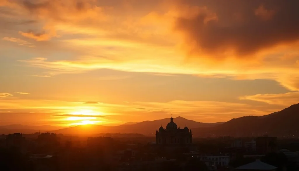Sunset view over Tepic's skyline with mountains in the background
