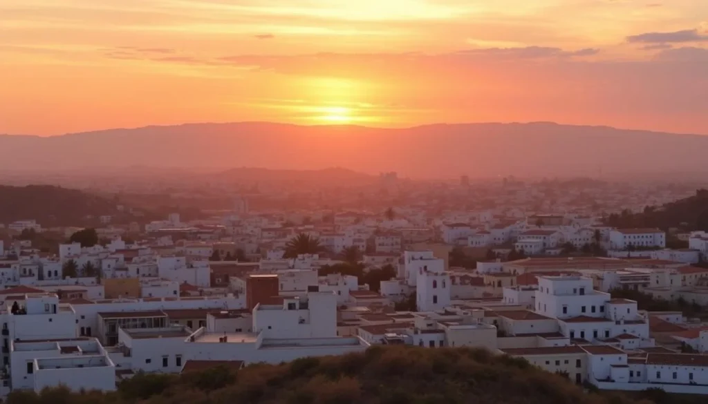 Sunset view over Tetouan with the white city glowing in golden light against the Rif Mountains