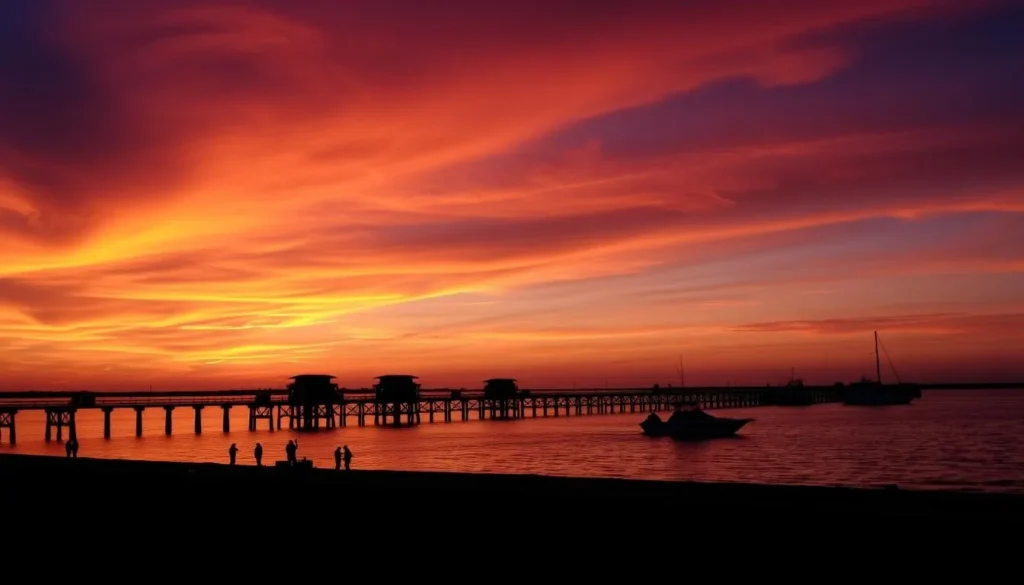 Sunset view over Texas City Dike with fishing piers and boats in silhouette