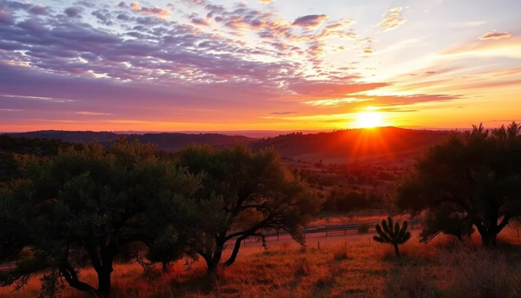 Sunset view over Timberwood Park Texas showing Hill Country landscape Sunset view over Timberwood Park Texas showing Hill Country landscape