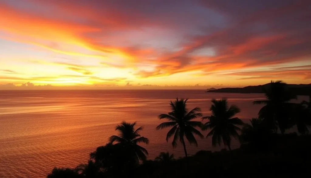 Sunset view over Two Foot Bay with silhouettes of palm trees against an orange sky