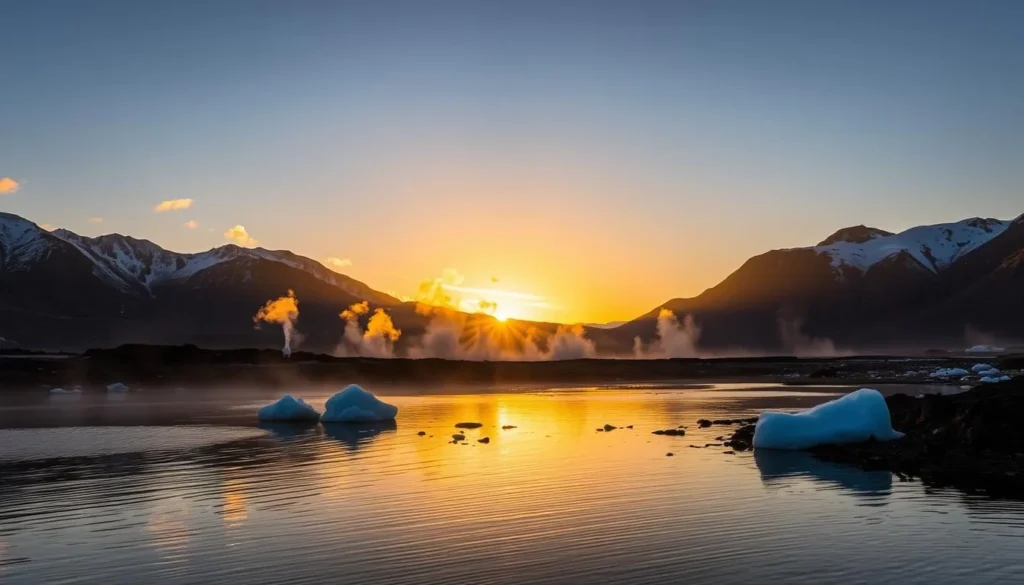 Sunset view over Uunartoq hot springs with golden light on mountains and icebergs
