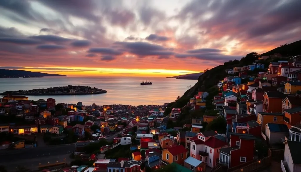 Sunset view over Valparaiso bay and colorful hillside houses, showcasing the best of Valparaiso Chile