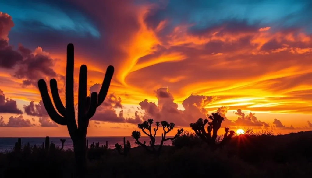 Sunset view over Washington Slagbaai National Park with cacti silhouettes and ocean horizon