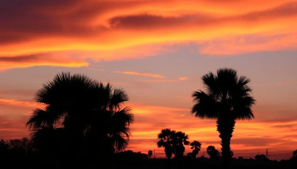 Sunset view over Weslaco with palm trees silhouetted against colorful sky Sunset view over Weslaco with palm trees silhouetted against colorful sky