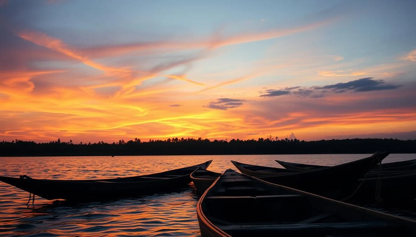 Sunset-view-over-the-Amazon-River-near-Leticia-Colombia-with-traditional-wooden-boats-in-the Sunset view over the Amazon River near Leticia, Colombia with traditional wooden boats in the foreground