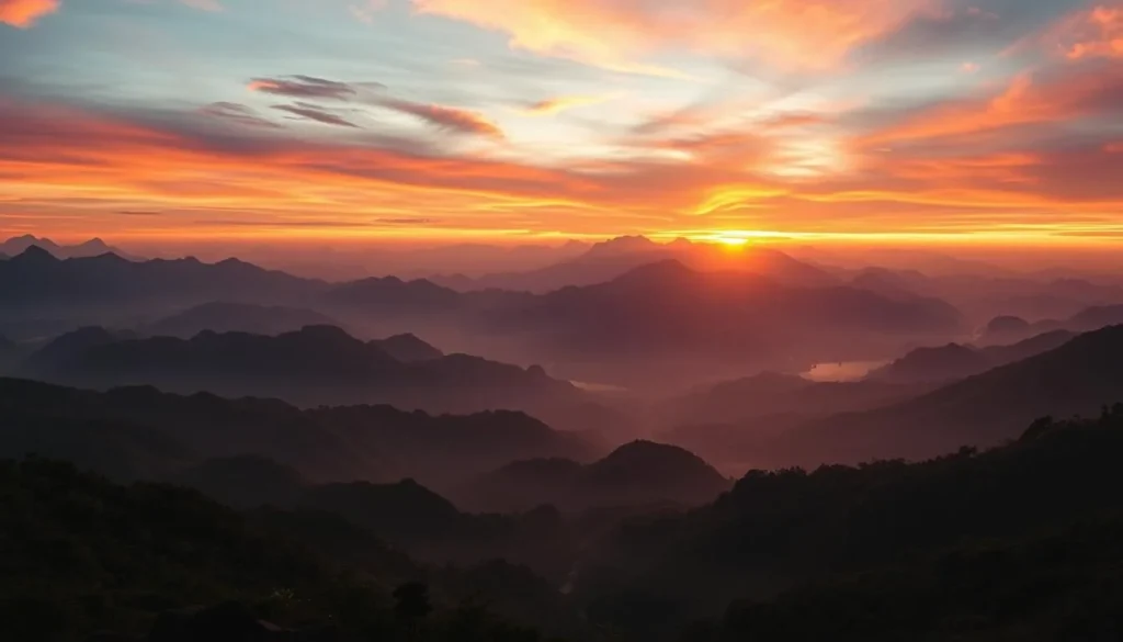 Sunset view over the Annamite Range mountains showing dramatic peaks and valleys