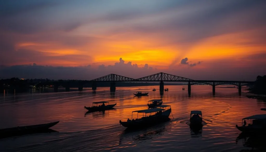 Sunset view over the Batanghari River with Gentala Arasy Bridge in Jambi
