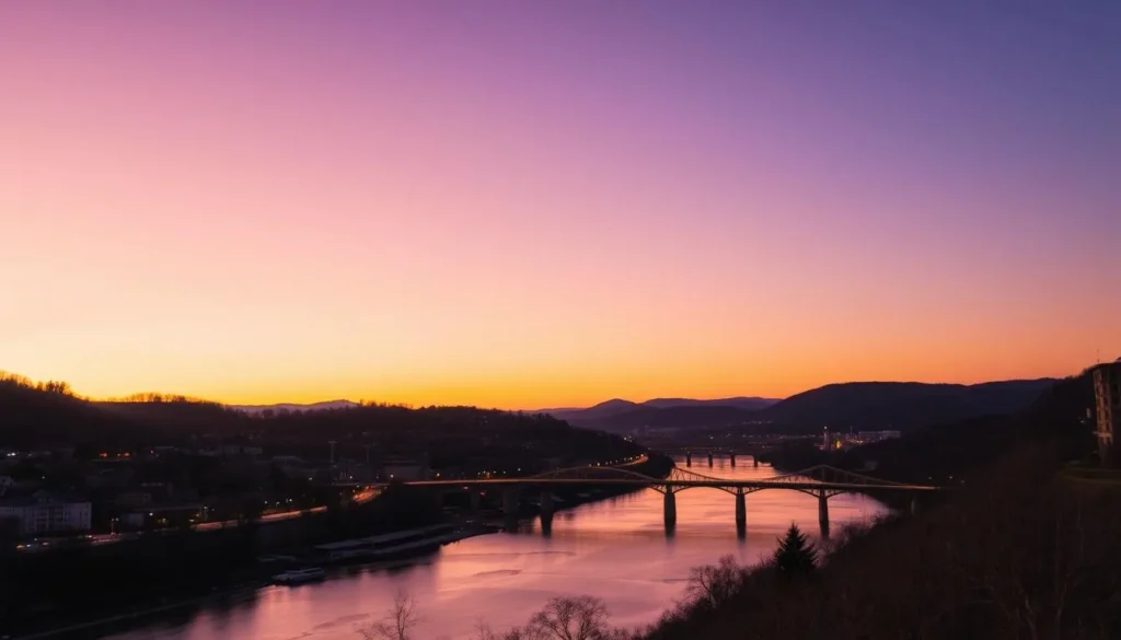 Sunset view over the Monongahela River in Fairmont with city lights beginning to twinkle