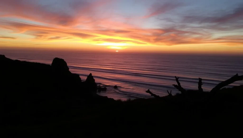 Sunset view over the Pacific Ocean from Manchester State Park with dramatic coastal scenery