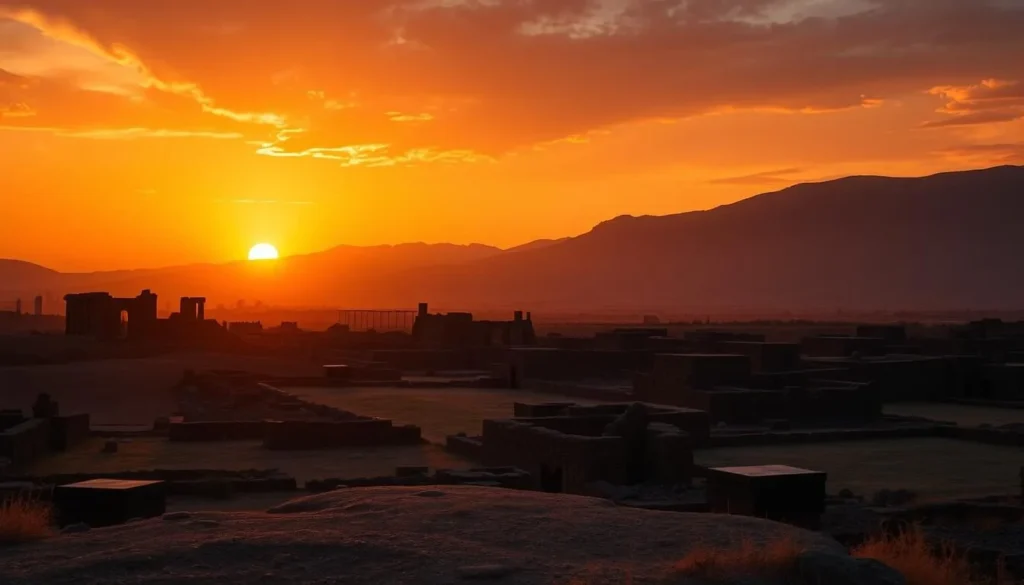 Sunset view over the ancient city of Bosra with golden light illuminating the black basalt ruins