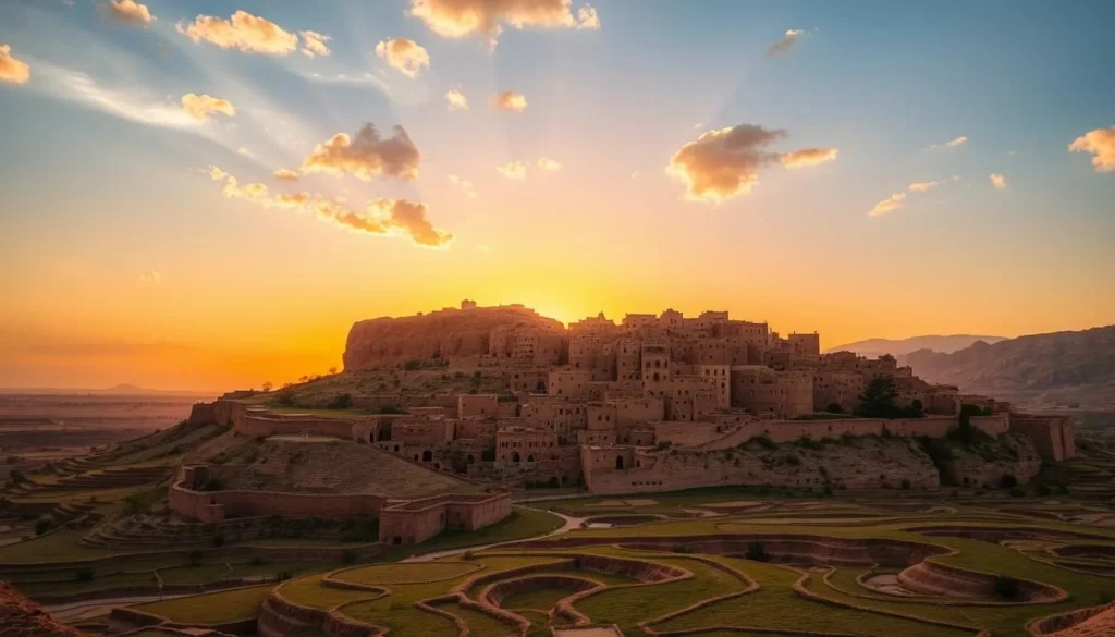 Sunset view over the ancient city of Thula Yemen with golden light on stone buildings