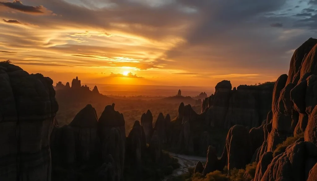 Sunset view over the limestone formations of Tsingy de Bemaraha