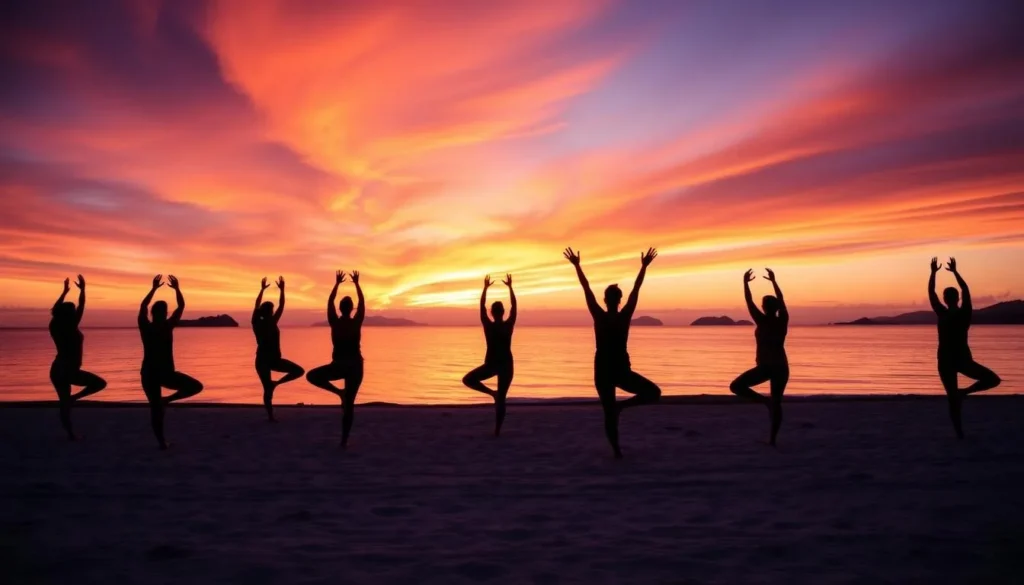 Sunset yoga session on the beach at Hayman Island Queensland with participants in silhouette