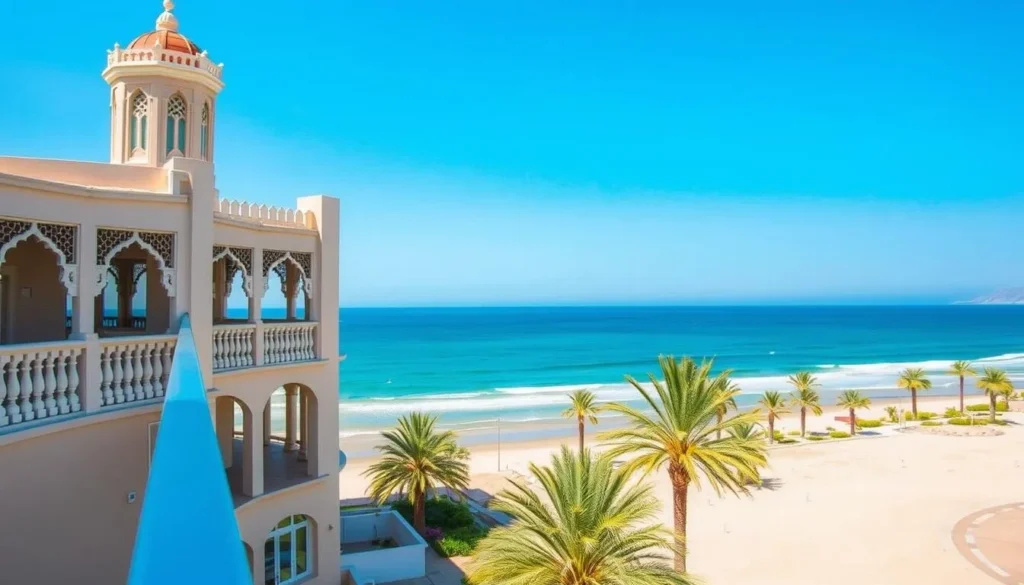 Sur Grand Hotel with view of the beach and Arabian Sea from hotel balcony - Sur Oman things to do