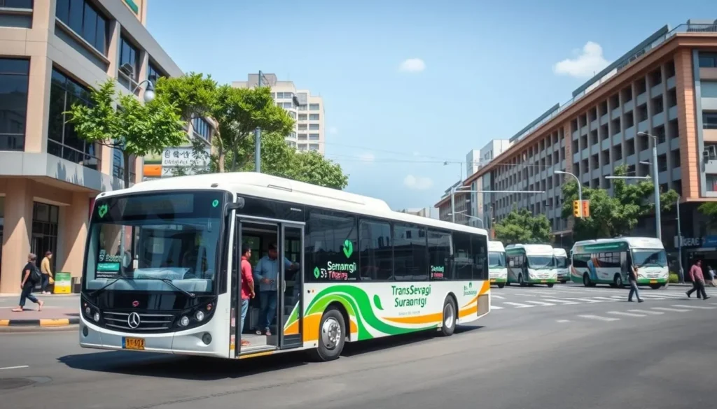 Surabaya's Trans Semanggi Suroboyo bus on a main street with passengers boarding